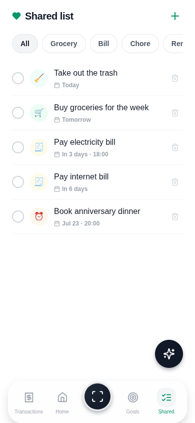 Luvo shared finances screen